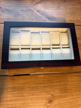 Wooden Watch Storage Box with Glass Lid and Multiple Compartments